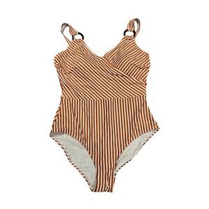 Niptuck striped swimsuit womens sz 8 lined padded brown camel cream one peice